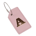 Pink PU leather luggage tag featuring a gold embossed letter A and steel loop - Letter A