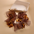 Detail of leopard print chiffon petal earrings with white pearls on a stone prop - 925 Sterling Silver Earring Post - Coffee (Long Style)