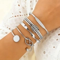 Five-piece silver metal bracelet set featuring geometric charms and minimalist twisted designs - 22 White Gold WG-0550
