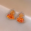 Golden wulu stud earrings with orange stone inlay and sparkling zircon border - Orange Crushed Stone Gourd (38# Silver Needle-Silver-Brown)