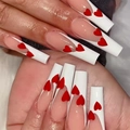 Faux ongles ballerine longs avec base nude française et motifs de cœurs rouges - LF342 Style Français Cœur Rouge (Avec Colle)