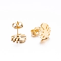 Pair of golden monstera leaf stud earrings in stainless steel with brushed metal texture - Stud Earrings Pair / Gold