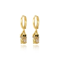 Detail view of gold dog pendant earring with sparkling cubic zirconia on white background - Dog Style (Style 1)
