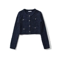 Damen Strickjacke in Marineblau mit Goldknöpfen und klassischer Tweed-Struktur im Boxy-Stil - S / Blaues Oberteil