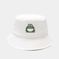Close-up of a white cotton bucket hat featuring a small green cartoon frog embroidery - M (56-58cm) / White