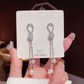 Boucles d'oreilles élégantes en argent S925 avec chaînes à franges et perles - Pompon perle et strass (E0175)