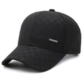 Classic men's black baseball cap with checkered jacquard texture and metal logo plate - Black