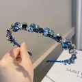 Detailed view of luxury deep blue crystal rhinestones and beads on a handmade headband - Style SJ001 / Blue