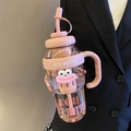 Pink large capacity plastic tumbler with straw, handle and funny cartoon face sleeve - Belly Cup + Pink Big Mouth / Pink