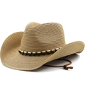 Chapeau de paille classique à large bord avec perles en bois et mentonnière pour plage - M (56-58cm) / Kaki