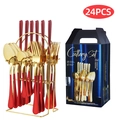 24-piece red and gold stainless steel cutlery set with storage rack and blue gift box - 24-Piece Set / Rose Gold Red