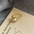 Golden flower open ring with freshwater pearls and green enamel in retro French style - Pale Green Enamel Flower Pearl French Ring(NL00714R-BU)