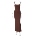 Detail view of a brown backless bodycon maxi dress shown on a transparent mannequin - S / Brown