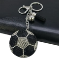 Sparkling soccer keychain with black and white rhinestones and a black leather tassel - Football / Soccer 02 (Black and White)