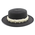 Cappello paglia nero da donna modello boater con corona piatta e decorazioni di perle - M (56-58cm) / Nero