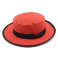 Rode platte strohoed met zwart lint en strik voor zomerse zonbescherming op het strand - M(56-58cm) / Rood