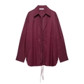 Detail of burgundy V-neck blouse featuring unique lace-up front and buttoned long sleeves - XS / Burgundy