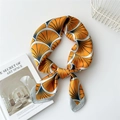 Orange silk square scarf with geometric fan patterns and navy blue accents for hair or neck - 70cm / Grey Edge Yellow Base Fan