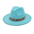 Detail of lake blue wool fedora hat with brown leather band and silver metal studs - M (56-58cm) / Lake Blue