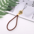 Elegant gold camellia flower charm with brown braided leather phone lanyard strap - Coffee