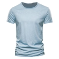 Close-up of light blue slub cotton t-shirt fabric showing rich texture and crew neck - Sky Blue