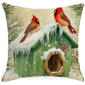 Christmas cushion cover featuring festive red cardinals on a snowy birdhouse pattern - YMD15-15 (Red Bird House)