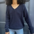 Women's deep blue V-neck cable knit sweater with ribbed cuffs and hem, casual style - S / Navy Blue