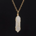 Detailed macro view of handmade wire-wrapped white crystal hexagonal pendant on gold chain - White Crystal (with chain)