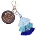 Detail of wooden MAMA keychain featuring a three-tier blue gradient tassel and lobster clasp - Light Blue, Blue and Royal Blue