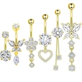 Six-piece set of golden stainless steel belly rings featuring zircon heart and butterfly designs - Gold Style
