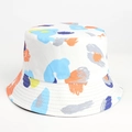 Detailed view of colorful abstract tie-dye prints and stitching on white cotton bucket hat - M (56-58cm) / Graffiti-White