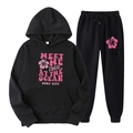 Survêtement noir en polaire pour hommes et femmes avec imprimés fleurs et lettres - L / Haut Et Bas / Noir (Style 51)