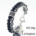 Double-layer men's bracelet with black onyx beads and vintage silver chain with T-bar clasp - Glossy Black Bead Spliced Antique Silver Chain Style (KB182648-TLX)