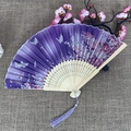 Classic folding fan featuring purple gradient, white butterflies, and a purple tassel - No.57 Purple Gradient Flower Tassel