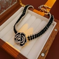 Elegant black camellia necklace with silver rhinestones and beads in a wooden box - Camellia Necklace - Silver - Black