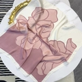 Elegant cream and pink floral silk scarf with satin finish on white marble background - Pink