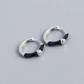 S925 sterling silver hoop earrings with black enamel and a tiny clear gemstone - Silver Base Black