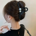 Elegant matte black shark hair claw with large pearl and crystal accent for women - Frosted Rhinestone Pearl 13cm