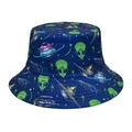 Dark blue alien and UFO pattern bucket hat for outdoor sun protection and casual wear - M (56-58cm) / Dark Blue Alien Print