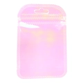 Detail of pink iridescent resealable pouch with hanging hole and secure zip lock seal - 7*11cm / Glitter
