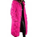 Detail view of rose red chunky knit hooded cardigan featuring large buttons and pockets - S / Rose Red