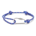 Detail of blue braided RPET rope bracelet with silver metal carabiner clasp on white background - No. 08 Blue with Red & White Dots
