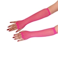 Neon pink long fishnet fingerless gloves for parties and rave events with elastic mesh fabric - One Size / Rose Red