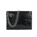 Bolso cuadrado de lentejuelas negras para mujer con cadena plateada y cierre de cremallera - Negro / Talla única