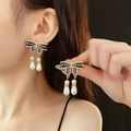 Élégantes boucles d'oreilles nœud noir avec perles goutte d'eau et zircons de style vintage - 56# Tige en Argent - Boucles d'Oreilles Perle Goutte Noeud Or Noir