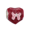 Red heart charm bead with pink butterfly design and silver polished metallic edges - Red Heart Pink Butterfly (Enamel Craft)