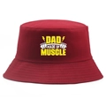 Burgundy cotton bucket hat featuring yellow DAD MADE OF MUSCLE fitness print design - Burgundy