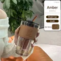 Amber 450ml glass cup with brown leather sleeve and straw in minimalist style - Large Amber+Amber Lid+Amber Straw+Deer Sleeve Brown