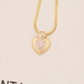 Golden heart necklace with pink stone and feathered texture on gold snake chain - 5# Pink
