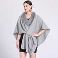 Grey knit poncho cardigan with faux rabbit fur collar and decorative pom-poms - Light Gray